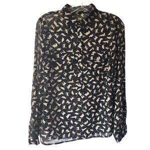 Zara Black Tan Cats Semi Sheer Button Down Size Medium